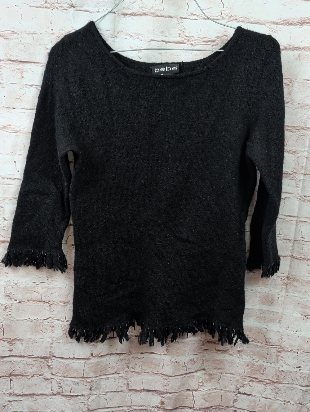bebe Black Fringe Hem Wool Sweater Medium